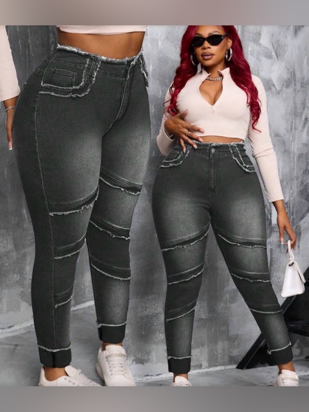 SHEIN SXY Plus Size Women Dark Grey Denim High Waist Distressed Skinny Jeans 3xl